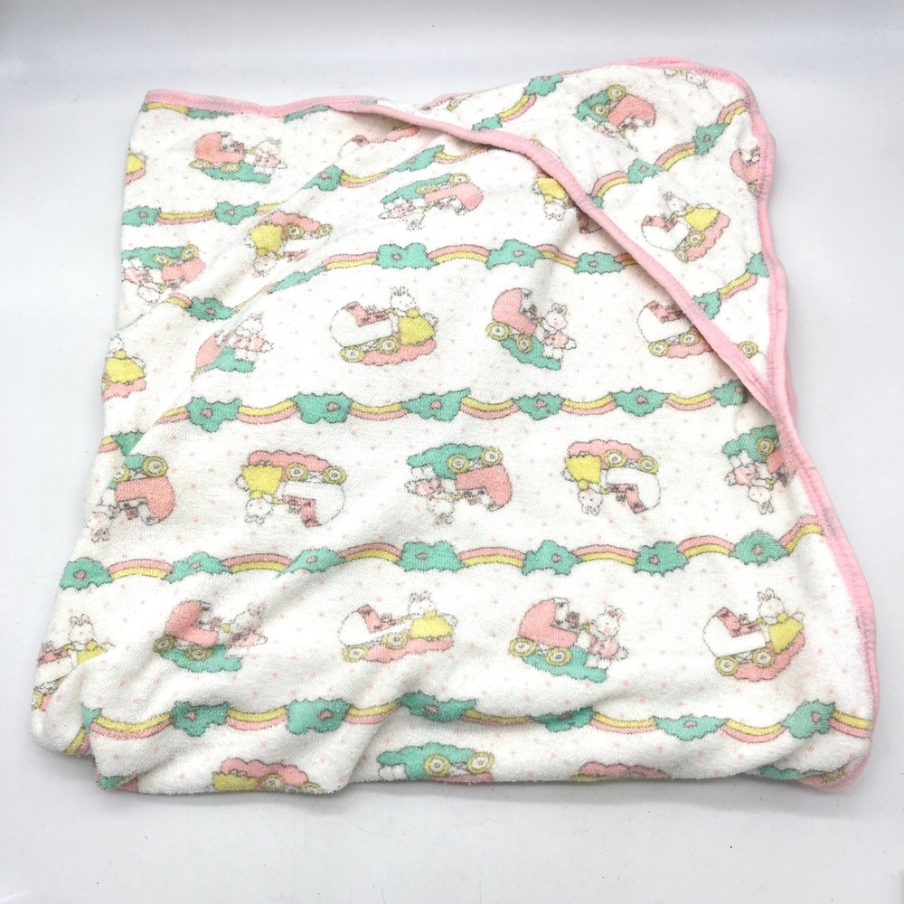 Vintage Carters Hooded Baby Towel Bunny Stroller‎ Rainbow Pink Trim 100% Cotton